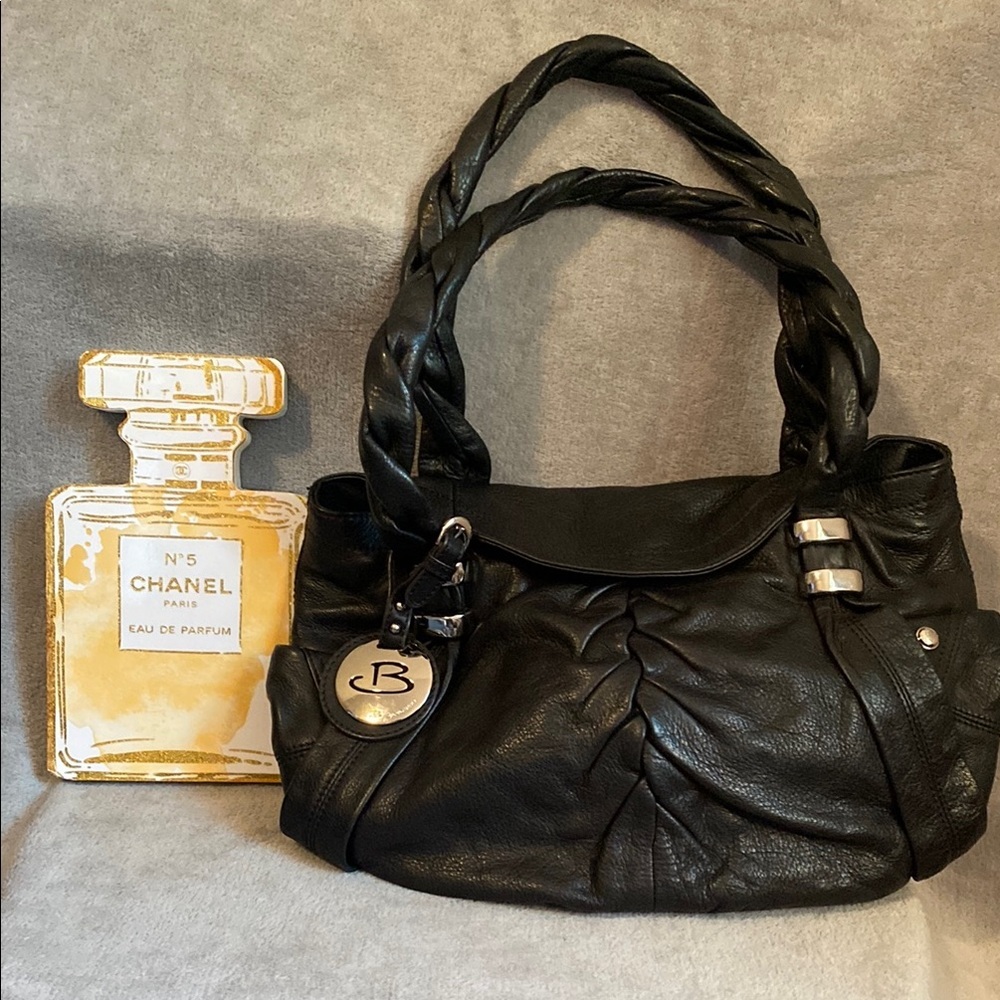 B. Makowsky Black Leather Shoulder Bag with Braided Handles